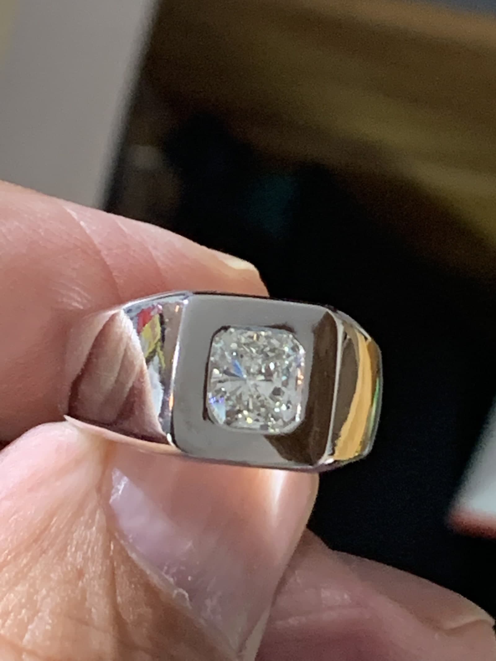 Mens cushion-cut diamond signet-style ring in white gold